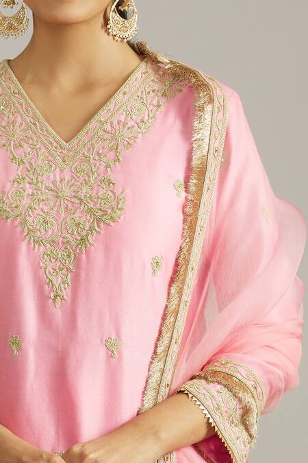 Shop_Priyaa_Pink Organza, Silk Sequins, Cut Work Floral Dori Embroidered Kurta Pyjama Set _Online_at_Aza_Fashions