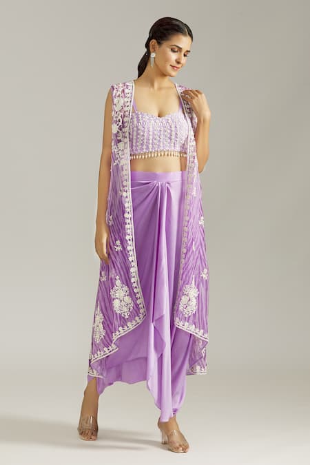 Shop_Priyaa_Purple Organza, Satin, Silk Sequins, Cut Dori Embroidered Kurta Set With Jacket _Online_at_Aza_Fashions