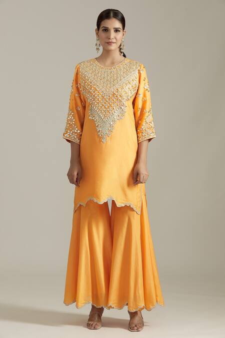 Buy_Priyaa_Yellow Organza, Chanderi Gota Patti, Embroidery Round Neck Kurta Gharara Set _Online_at_Aza_Fashions