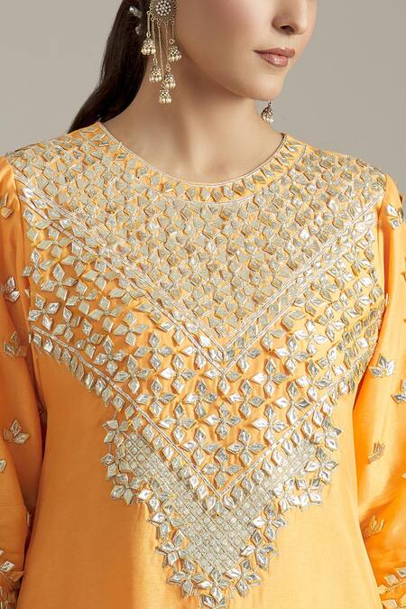 Shop_Priyaa_Yellow Organza, Chanderi Gota Patti, Embroidery Round Neck Kurta Gharara Set _Online_at_Aza_Fashions