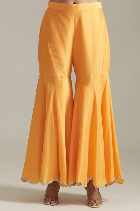 Priyaa_Yellow Organza, Chanderi Gota Patti, Embroidery Round Neck Kurta Gharara Set _at_Aza_Fashions