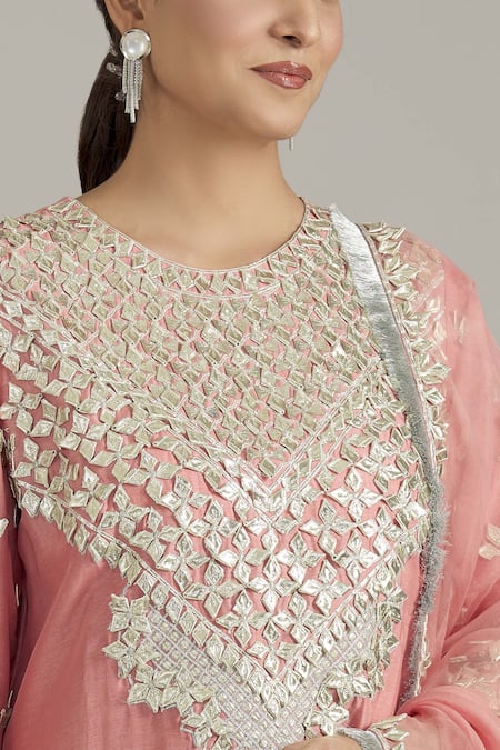 Shop_Priyaa_Pink Organza, Silk Embroidery, Gota Patti Round Neck Floral Kurta Gharara Set _Online_at_Aza_Fashions