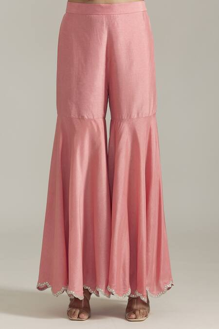 Priyaa_Pink Organza, Silk Embroidery, Gota Patti Round Neck Floral Kurta Gharara Set _at_Aza_Fashions