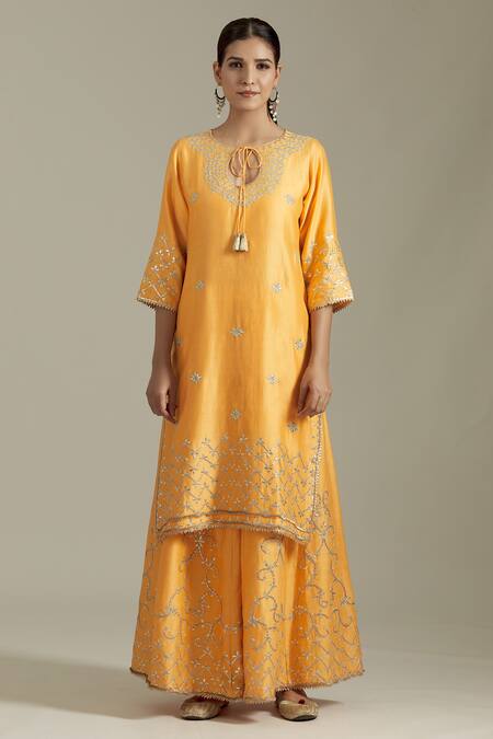 Priyaa_Yellow Chanderi Silk, Net Tassels, Embroidery, Gota Patti Kurta Sharara Set _Online_at_Aza_Fashions