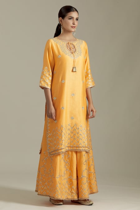 Buy_Priyaa_Yellow Chanderi Silk, Net Tassels, Embroidery, Gota Patti Kurta Sharara Set _Online_at_Aza_Fashions