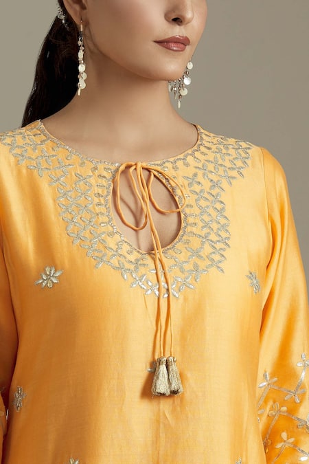 Shop_Priyaa_Yellow Chanderi Silk, Net Tassels, Embroidery, Gota Patti Kurta Sharara Set _Online_at_Aza_Fashions