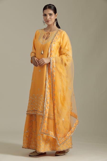 Priyaa_Yellow Chanderi Silk, Net Tassels, Embroidery, Gota Patti Kurta Sharara Set _at_Aza_Fashions