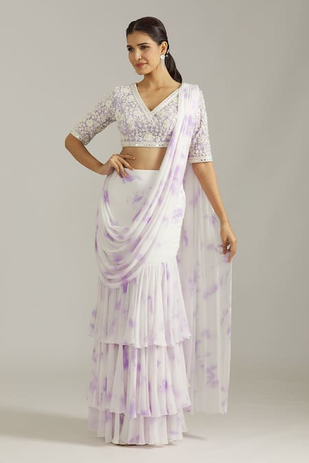 Priyaa Purple Georgette Embroidered Floral Blouse With Pre-draped Saree  