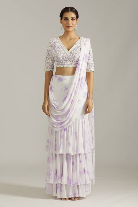 Buy Priyaa Purple Georgette Pearls, Embroidery, Floral Blouse With Pre-draped Saree Online at Aza Fashions Buy_Priyaa_Purple Georgette Pearls, Embroidery, Floral Blouse With Pre-draped Saree _Online_at_Aza_Fashions