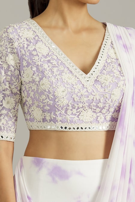 Shop Priyaa Purple Georgette Pearls, Embroidery, Floral Blouse With Pre-draped Saree Online at Aza Fashions Shop_Priyaa_Purple Georgette Pearls, Embroidery, Floral Blouse With Pre-draped Saree _Online_at_Aza_Fashions