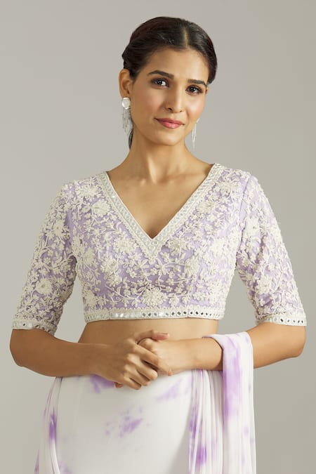 Priyaa Purple Georgette Pearls, Embroidery, Floral Blouse With Pre-draped Saree at Aza Fashions Priyaa_Purple Georgette Pearls, Embroidery, Floral Blouse With Pre-draped Saree _at_Aza_Fashions