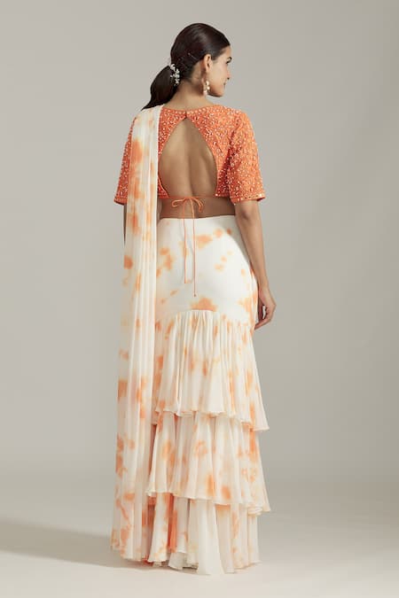 Priyaa Embroidered Blouse With Tie Dye Pre-Draped Saree 