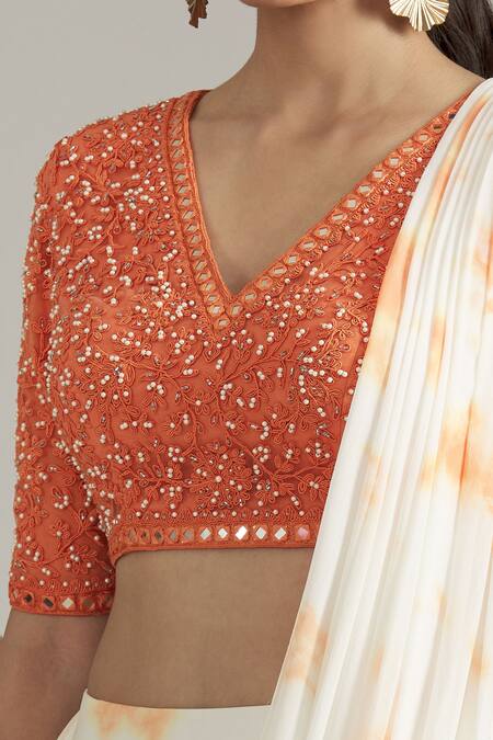 Buy_Priyaa_Orange Georgette Pearls, Embroidered Blouse With Tie Dye Pre-draped Saree _Online_at_Aza_Fashions