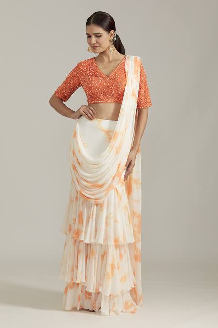 Shop_Priyaa_Orange Georgette Pearls, Embroidered Blouse With Tie Dye Pre-draped Saree _Online_at_Aza_Fashions