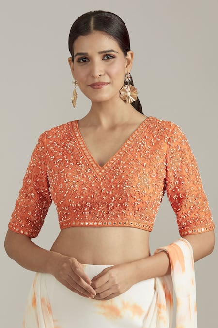 Priyaa_Orange Georgette Pearls, Embroidered Blouse With Tie Dye Pre-draped Saree _at_Aza_Fashions