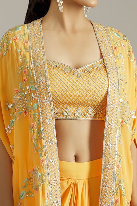 Priyaa_Yellow Crepe, Georgette Floral Gota Patti Embellished Cape Drape Pant Set _Online_at_Aza_Fashions