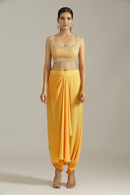 Shop_Priyaa_Yellow Crepe, Georgette Floral Gota Patti Embellished Cape Drape Pant Set _Online_at_Aza_Fashions