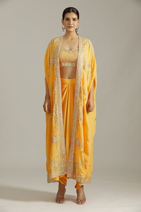 Priyaa_Yellow Crepe, Georgette Floral Gota Patti Embellished Cape Drape Pant Set _at_Aza_Fashions
