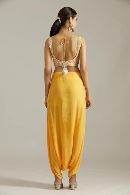 Buy_Priyaa_Yellow Crepe, Georgette Floral Gota Patti Embellished Cape Drape Pant Set 