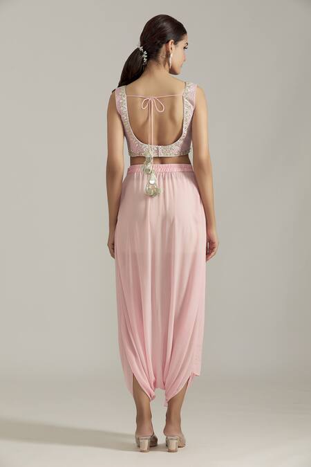 Shop_Priyaa_Pink Crepe, Net Embroidery, Sequins Sweetheart Neck Gota Patti Blouse Cape Set _Online_at_Aza_Fashions