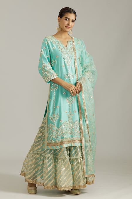 Priyaa Blue Chanderi Silk Embroidered Gota Patti Floral Kurta Sharara Set  