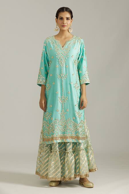 Buy_Priyaa_Blue Chanderi Silk, Organza Embroidery, Gota Patti Floral Kurta Sharara Set _Online_at_Aza_Fashions