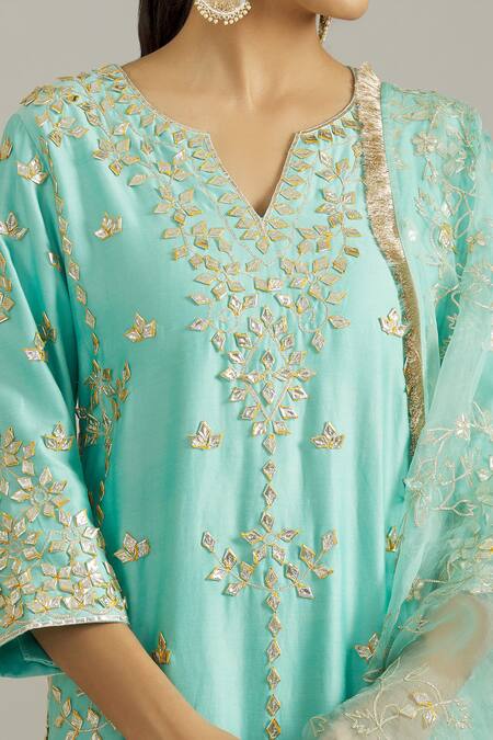 Shop_Priyaa_Blue Chanderi Silk, Organza Embroidery, Gota Patti Floral Kurta Sharara Set _Online_at_Aza_Fashions