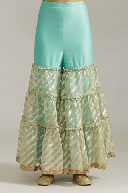 Priyaa_Blue Chanderi Silk, Organza Embroidery, Gota Patti Floral Kurta Sharara Set _at_Aza_Fashions