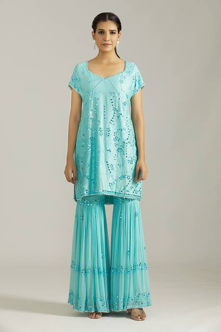 Buy_Priyaa_Blue Chanderi Silk, Net Embroidery, Mirrors Work Embellished Kurta Sharara Set _Online_at_Aza_Fashions