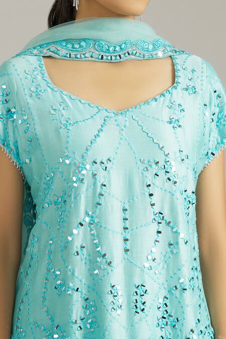 Shop_Priyaa_Blue Chanderi Silk, Net Embroidery, Mirrors Work Embellished Kurta Sharara Set _Online_at_Aza_Fashions