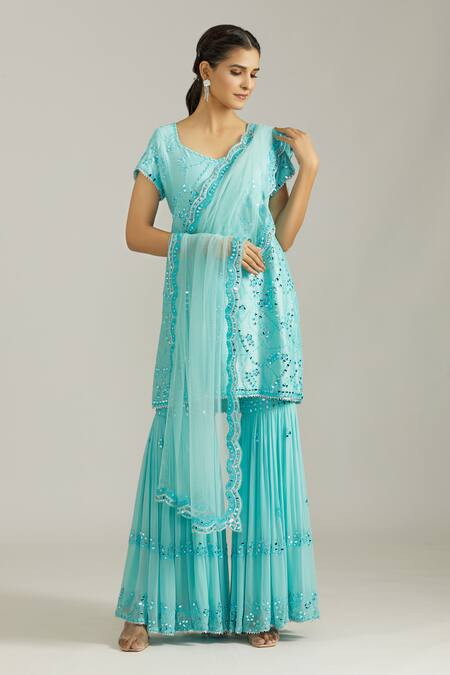 Priyaa_Blue Chanderi Silk, Net Embroidery, Mirrors Work Embellished Kurta Sharara Set _at_Aza_Fashions