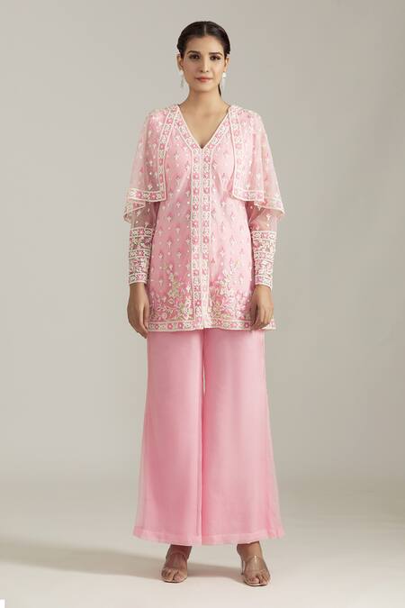 Buy_Priyaa_Pink Organza, Net Embroidery, Pearls V-neck Dori Drape Tunic With Palazzo _Online_at_Aza_Fashions
