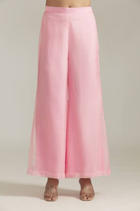 Priyaa_Pink Organza, Net Embroidery, Pearls V-neck Dori Drape Tunic With Palazzo _at_Aza_Fashions