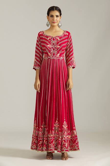 Buy_Priyaa_Maroon Net, Georgette Embroidery, Gota Patti Scoop Blossom Anarkali Pant Set _Online_at_Aza_Fashions