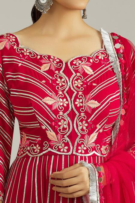 Shop_Priyaa_Maroon Net, Georgette Embroidery, Gota Patti Scoop Blossom Anarkali Pant Set _Online_at_Aza_Fashions