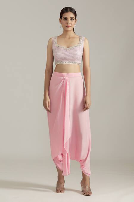 Buy_Priyaa_Pink Crepe, Net Sequins, Cut Work Botanic Embroidered Cape Drape Pant Set _Online_at_Aza_Fashions
