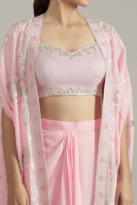 Shop_Priyaa_Pink Crepe, Net Sequins, Cut Work Botanic Embroidered Cape Drape Pant Set _Online_at_Aza_Fashions