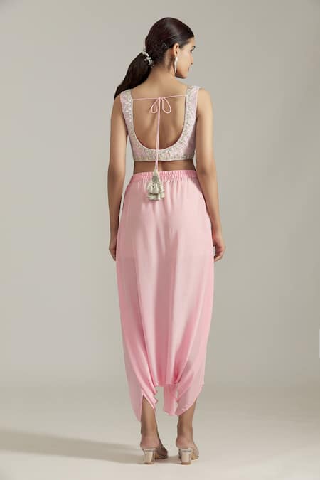 Priyaa_Pink Crepe, Net Sequins, Cut Work Botanic Embroidered Cape Drape Pant Set _at_Aza_Fashions