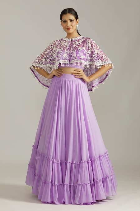 Priyaa Purple Georgette Embroidered Sequin Cape Dori Tasselled Lehenga Set 