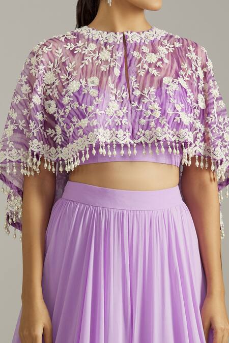 Priyaa_Purple Georgette Pearls Sweetheart Dori Embroidered Tasselled Cape Lehenga Set _at_Aza_Fashions