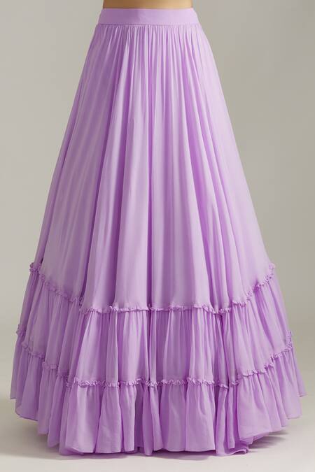 Buy_Priyaa_Purple Georgette Pearls Sweetheart Dori Embroidered Tasselled Cape Lehenga Set 