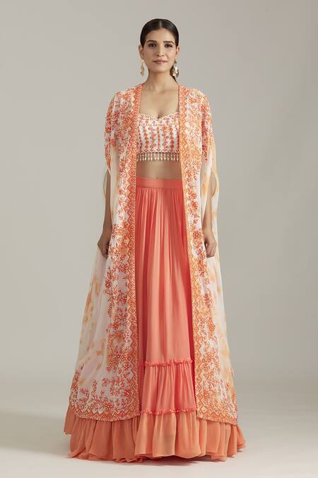 Buy_Priyaa_Orange Georgette Sequins, Cut Work Floral Dori Embroidered Cape Lehenga Set _Online_at_Aza_Fashions