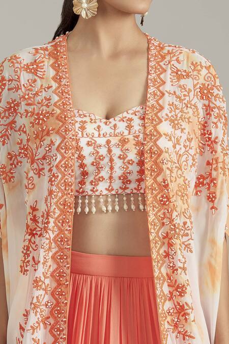 Shop_Priyaa_Orange Georgette Sequins, Cut Work Floral Dori Embroidered Cape Lehenga Set _Online_at_Aza_Fashions