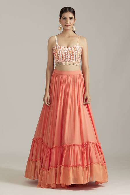 Priyaa_Orange Georgette Sequins, Cut Work Floral Dori Embroidered Cape Lehenga Set _at_Aza_Fashions