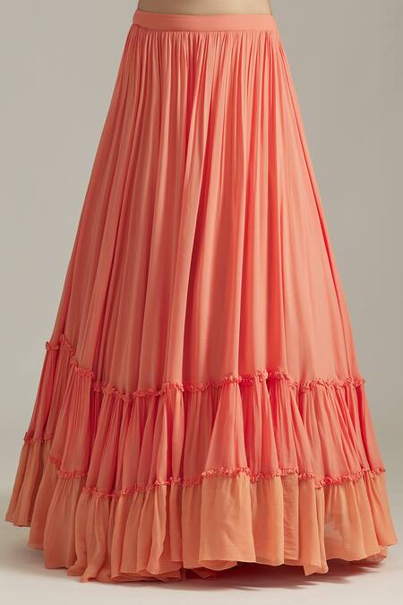 Buy_Priyaa_Orange Georgette Sequins, Cut Work Floral Dori Embroidered Cape Lehenga Set 