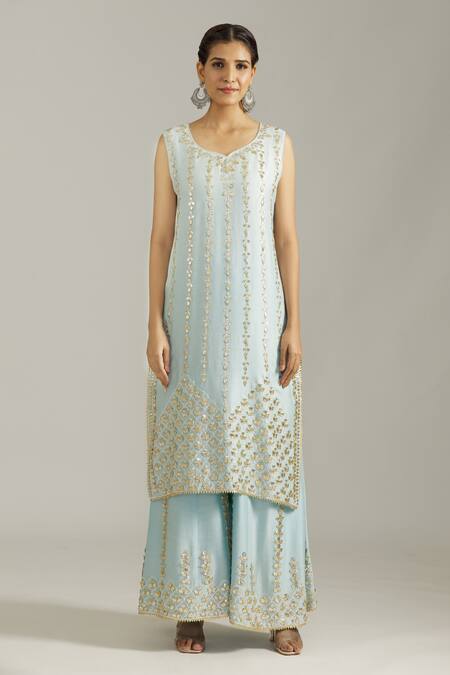 Buy_Priyaa_Sky Blue Chanderi Silk Embroidery, Gota Patti V-neck Work Kurta Sharara Set _Online_at_Aza_Fashions