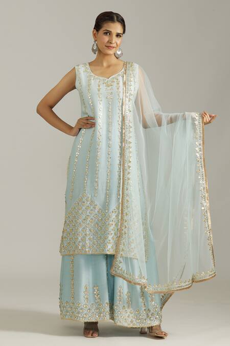 Shop_Priyaa_Sky Blue Chanderi Silk Embroidery, Gota Patti V-neck Work Kurta Sharara Set _Online_at_Aza_Fashions