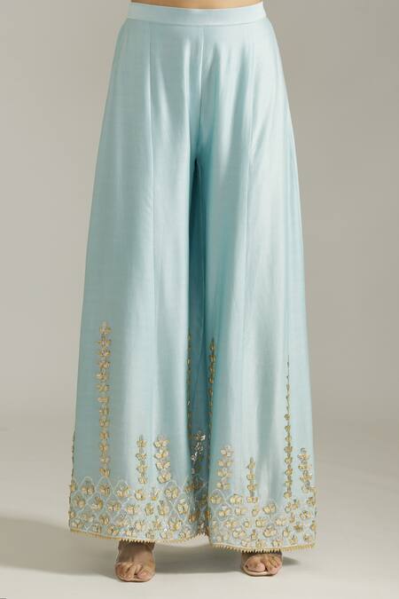 Priyaa_Sky Blue Chanderi Silk Embroidery, Gota Patti V-neck Work Kurta Sharara Set _at_Aza_Fashions