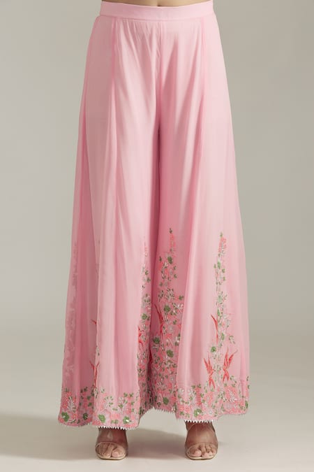 Buy_Priyaa_Pink Georgette, Organza Embroidery, Mirrors V-neck Thread Kurta Sharara Set _Online_at_Aza_Fashions