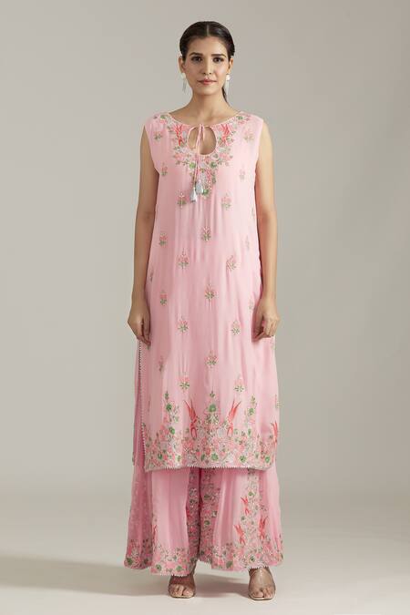 Shop_Priyaa_Pink Georgette, Organza Embroidery, Mirrors V-neck Thread Kurta Sharara Set _Online_at_Aza_Fashions